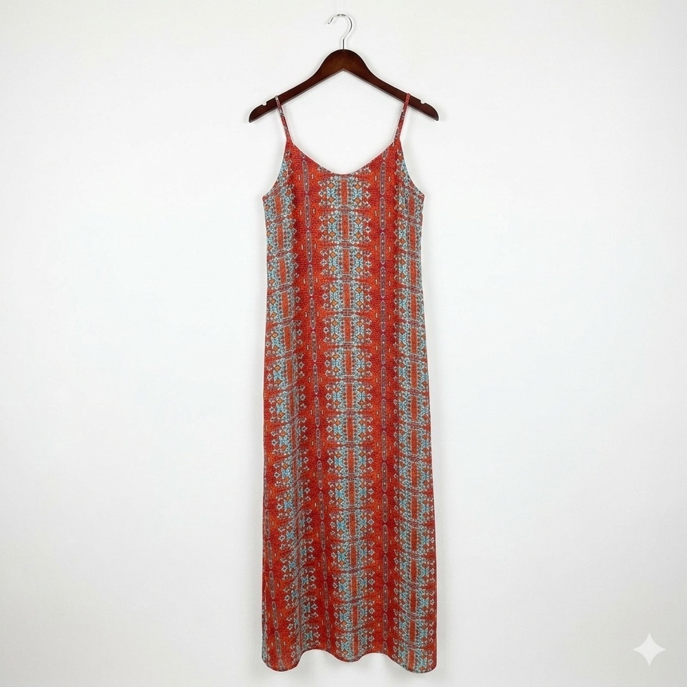 Catherine Malandrino Boho Geometric Print Maxi Dress Orange‎ Blue Large